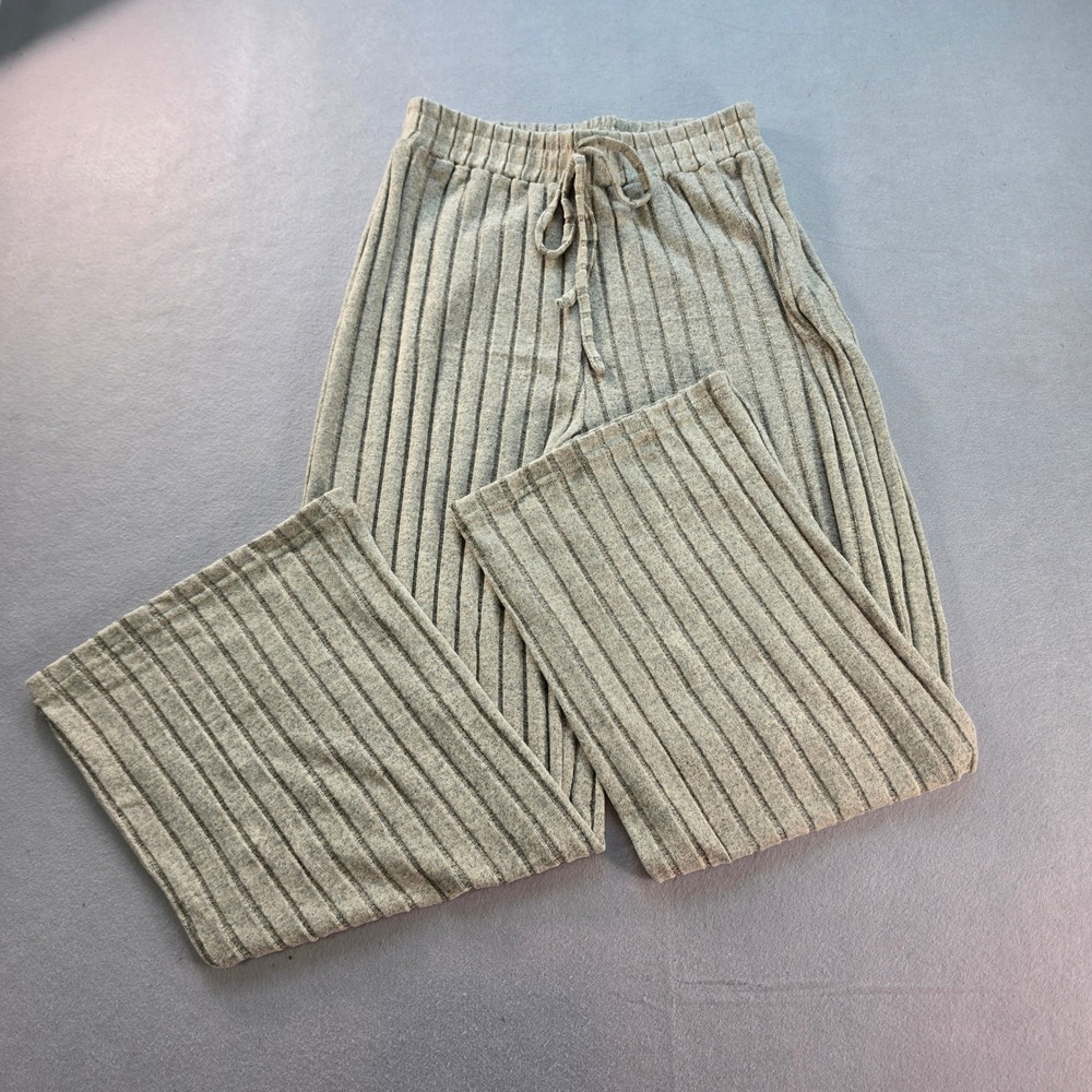 Womens Rib Knit Wide Leg Lounge Pants Drawstring Tan Oatmeal Size S 4